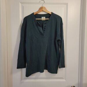 Laura Ashley Vintage Long Sleeve Dark Green Ribbed Stretch Cotton Top w/ Buttons